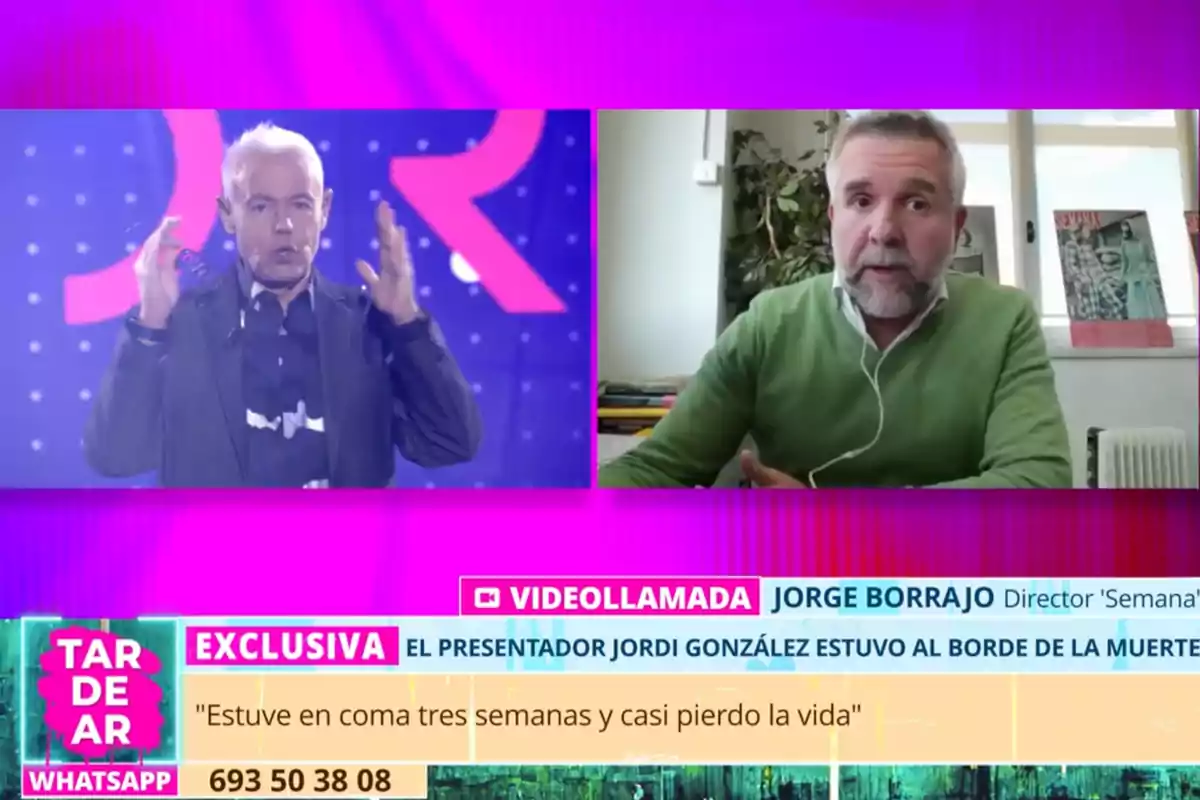 Jordi González y Jorge Borrajo en una videollamada durante un programa de televisión con gráficos en pantalla que destacan una exclusiva sobre un presentador que estuvo en coma. Captura de 'TardeAR' Jordi González y Jorge Borrajo en una videollamada durante un programa de televisión con gráficos en pantalla que destacan una exclusiva sobre un presentador que estuvo en coma. Captura de 'TardeAR'