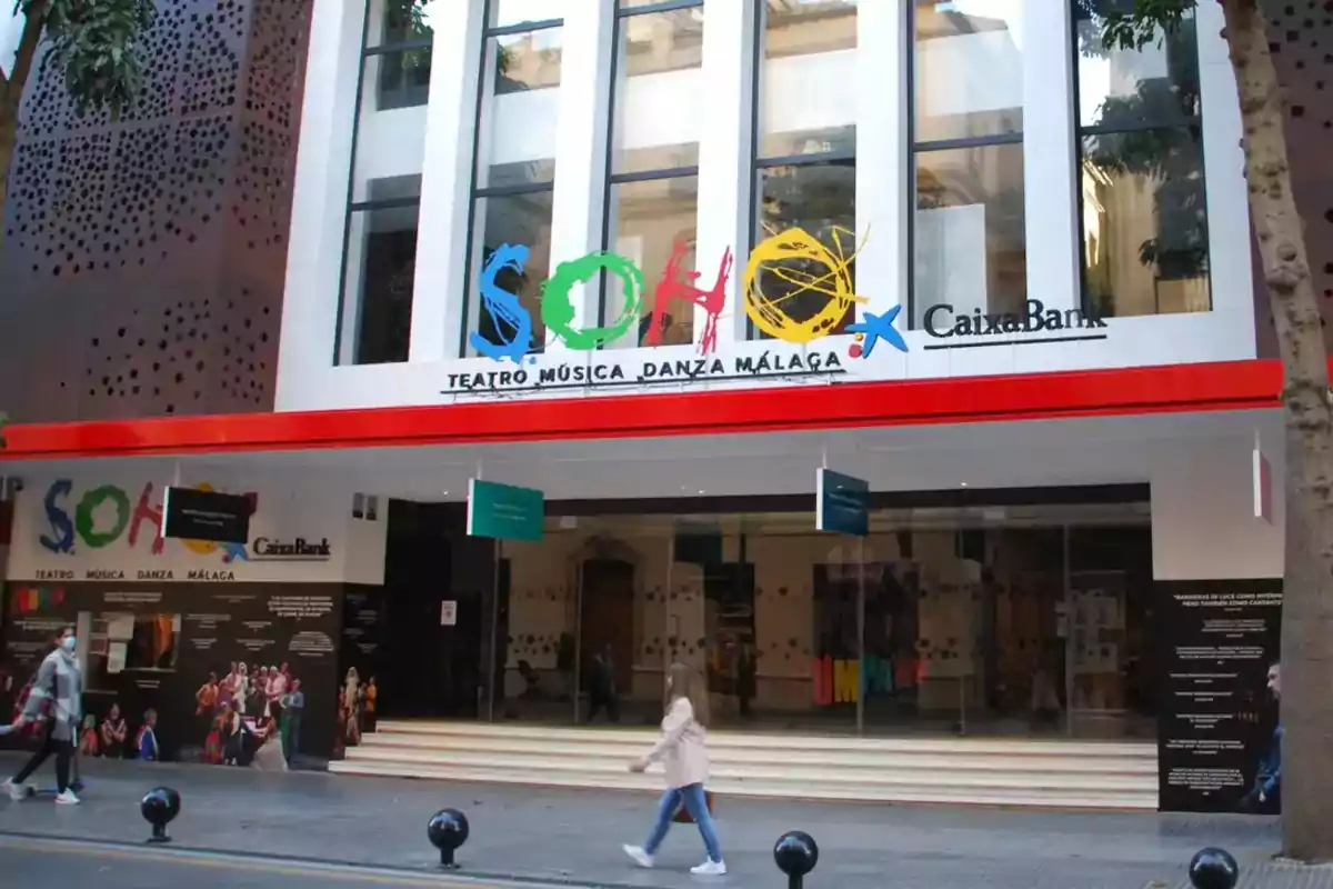 Fachada del Teatro Soho CaixaBank en Málaga con personas caminando por la acera.