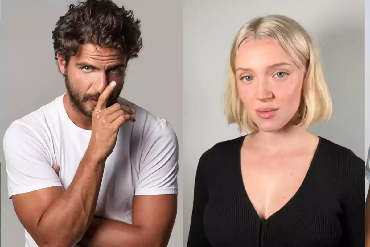 Un hombre con barba y cabello rizado, vestido con una camiseta blanca, posa con una mano en su rostro, mientras que una mujer rubia con cabello corto y lacio, vestida con una blusa negra, mira directamente a la cámara.