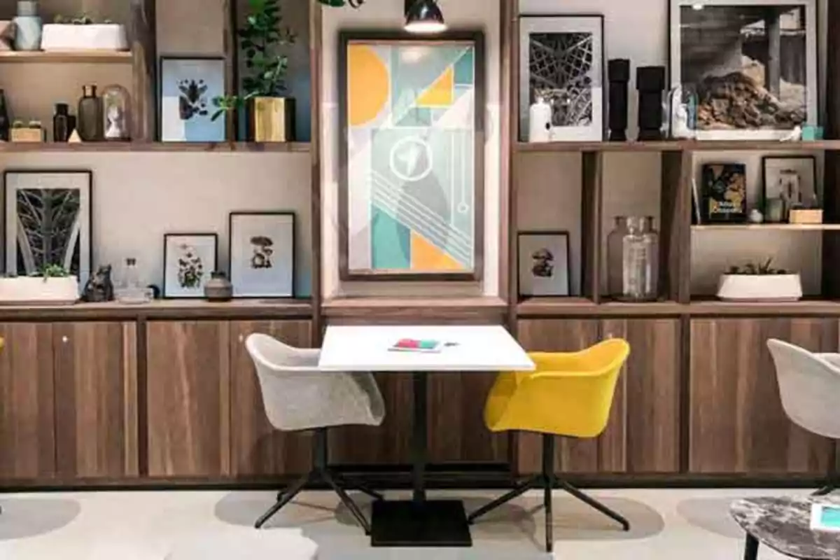 Un espacio moderno con una mesa blanca rodeada de sillas de colores, estanterías de madera con decoraciones y cuadros artísticos en la pared.