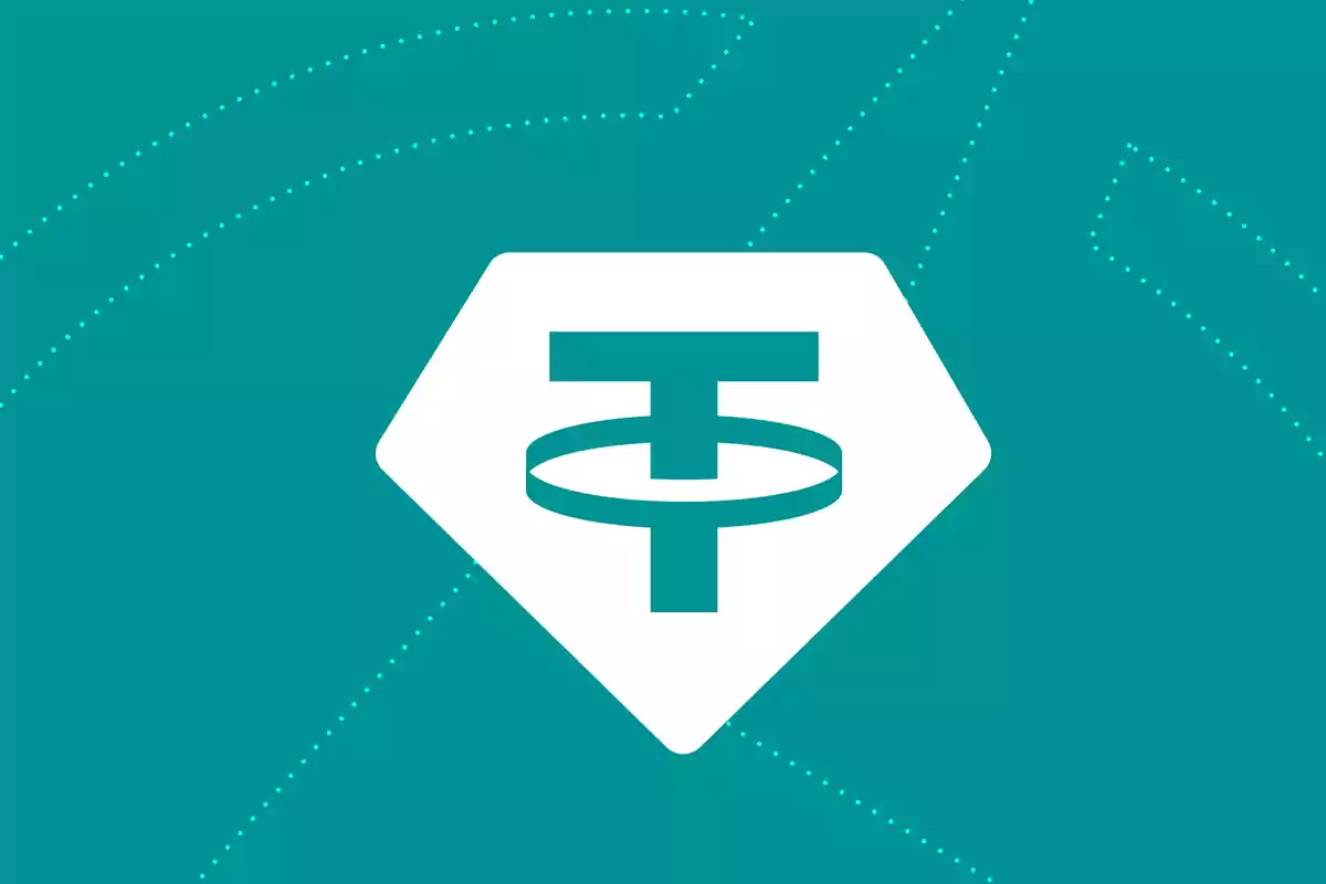 Logotipo de Tether en un fondo verde con diseño de puntos.