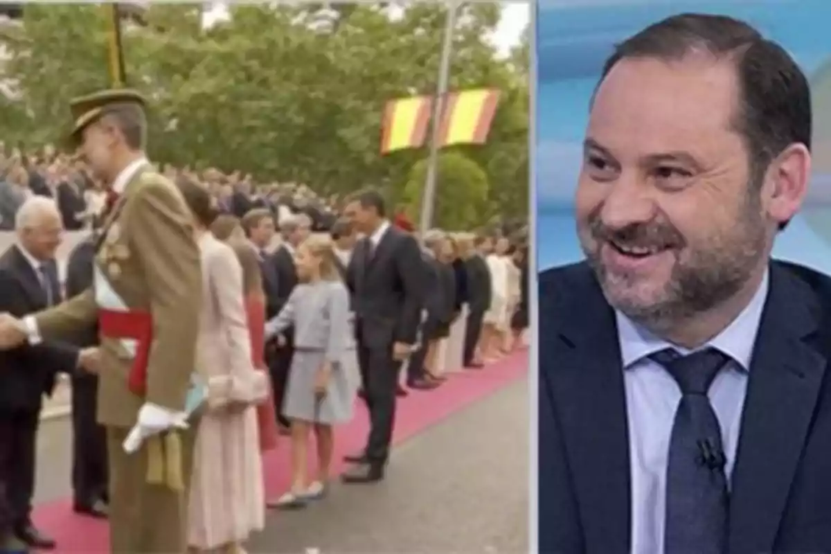 Una ceremonia formal con personas en fila saludando a un militar y un hombre sonriendo en un estudio de televisión.