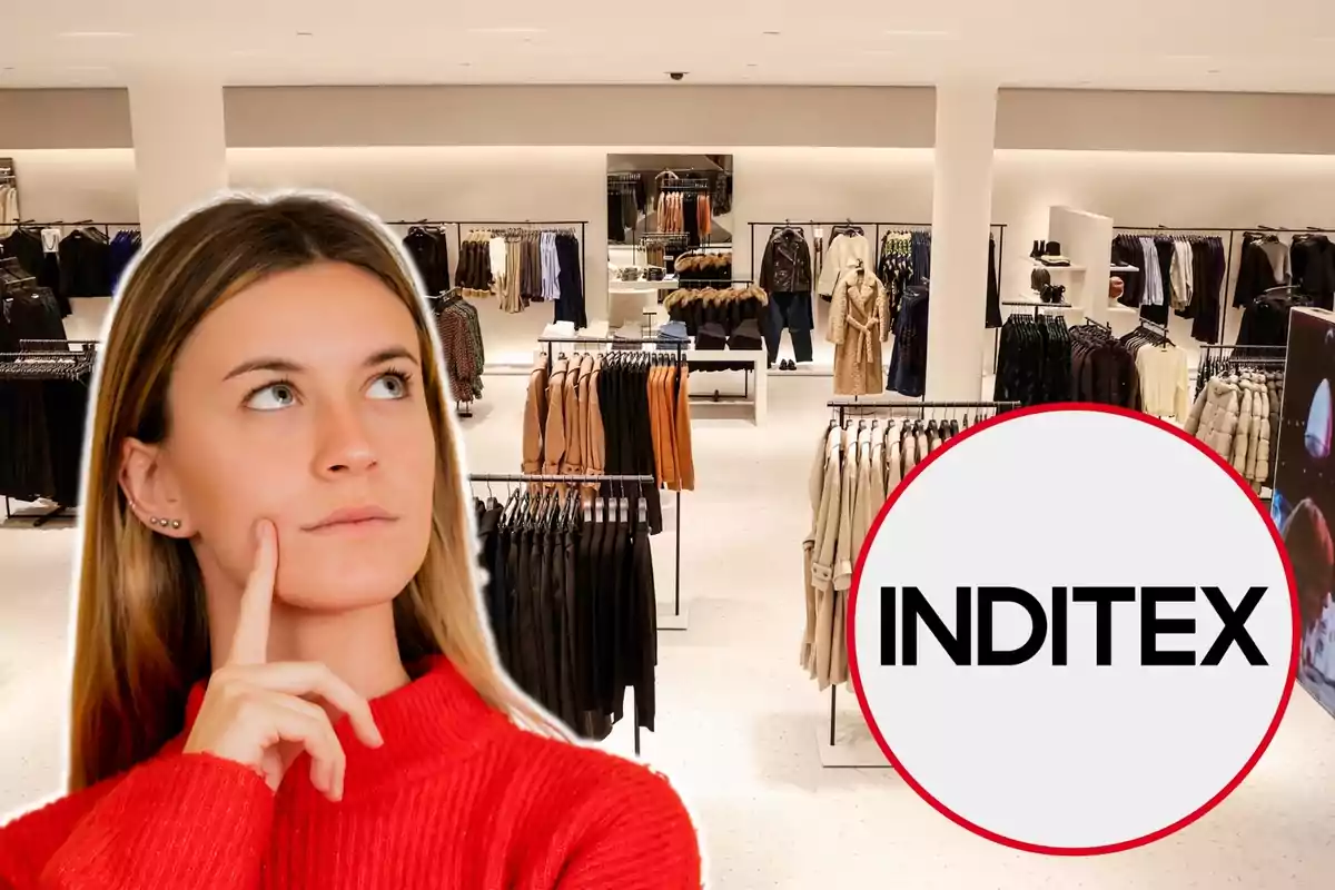Una mujer pensativa con un suéter rojo frente a una tienda de ropa con el logo de Inditex.