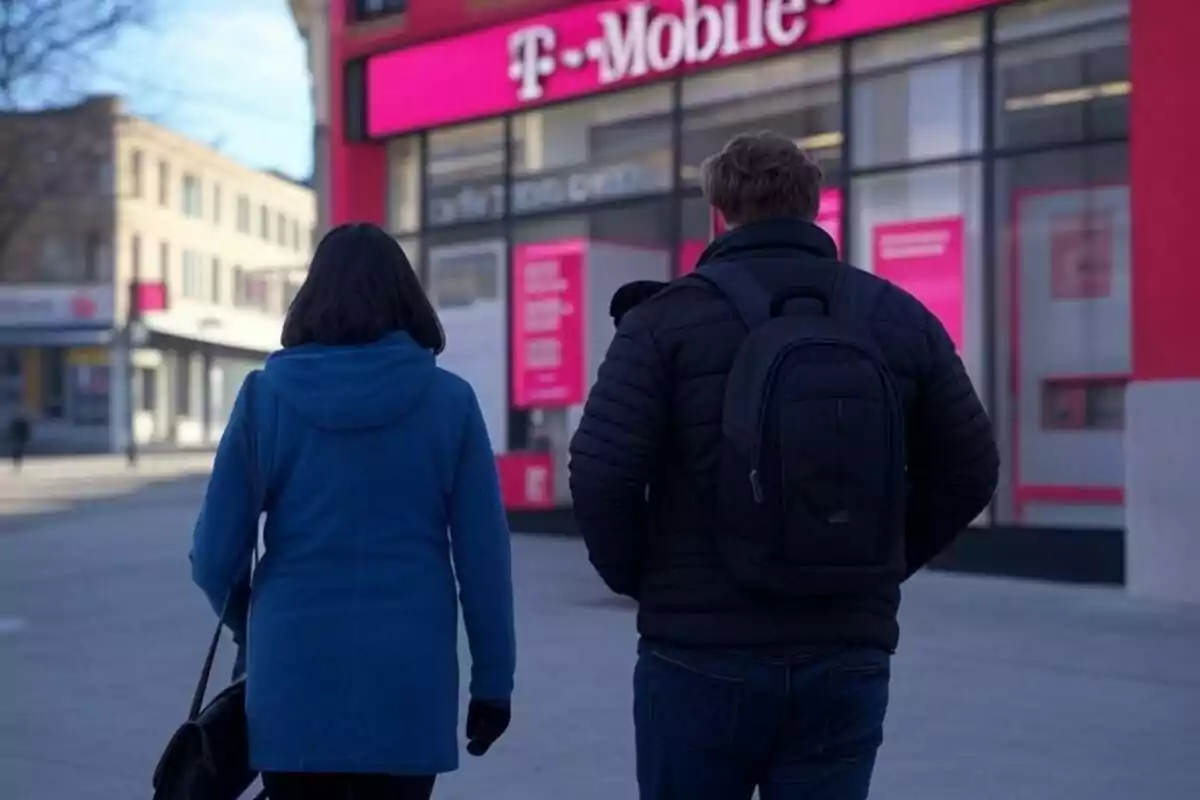 Dos personas caminando hacia una tienda de T-Mobile en un entorno urbano. Dos personas caminando hacia una tienda de T-Mobile en un entorno urbano.