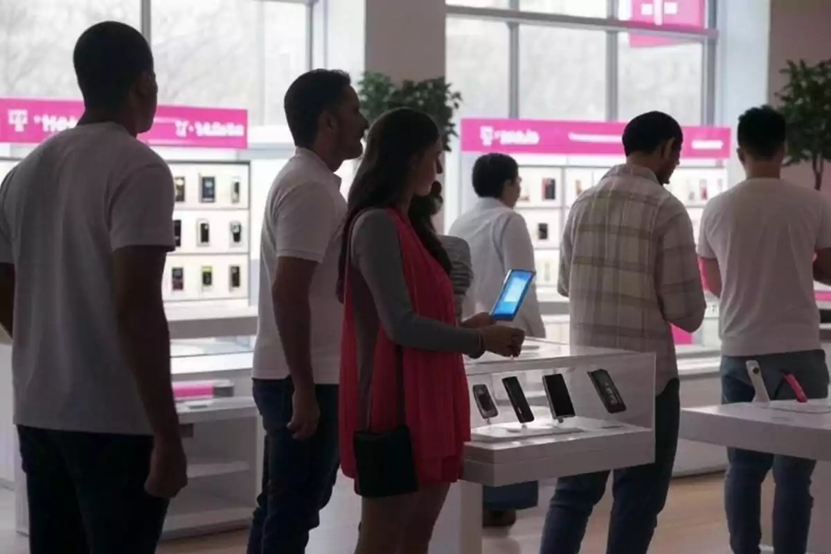 Personas observando dispositivos móviles en una tienda de tecnología. Personas observando dispositivos móviles en una tienda de tecnología.