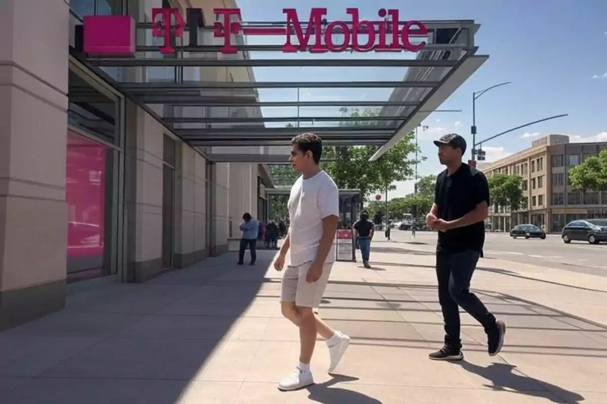 Two people walking on the sidewalk in front of a T-Mobile store on a sunny day. Two people walking on the sidewalk in front of a T-Mobile store on a sunny day.