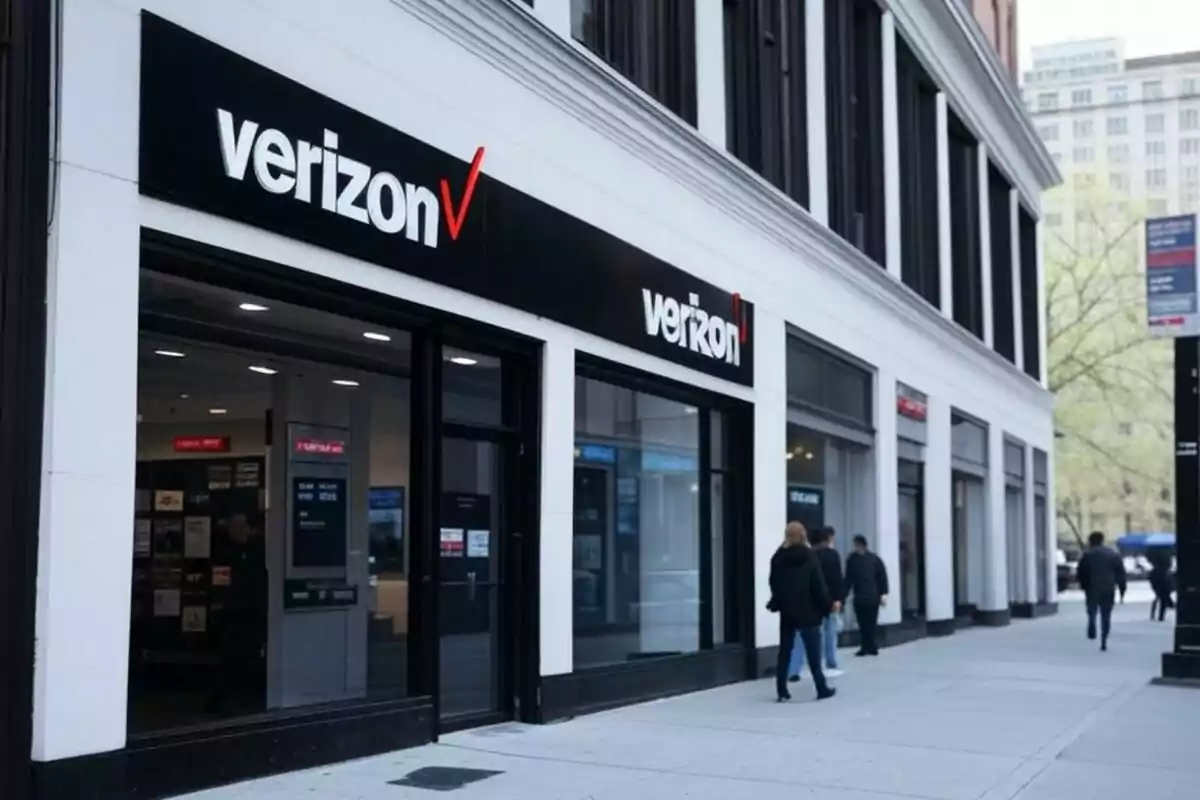 Fachada de una tienda de telecomunicaciones con personas caminando por la acera. Fachada de una tienda de telecomunicaciones con personas caminando por la acera.