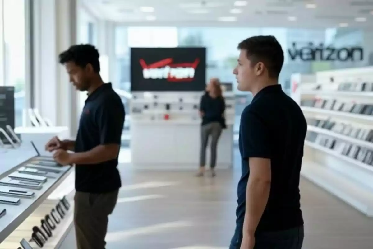 Dos personas en una tienda de tecnología observan dispositivos en una mesa mientras una pantalla muestra un logotipo en el fondo. Dos personas en una tienda de tecnología observan dispositivos en una mesa mientras una pantalla muestra un logotipo en el fondo.
