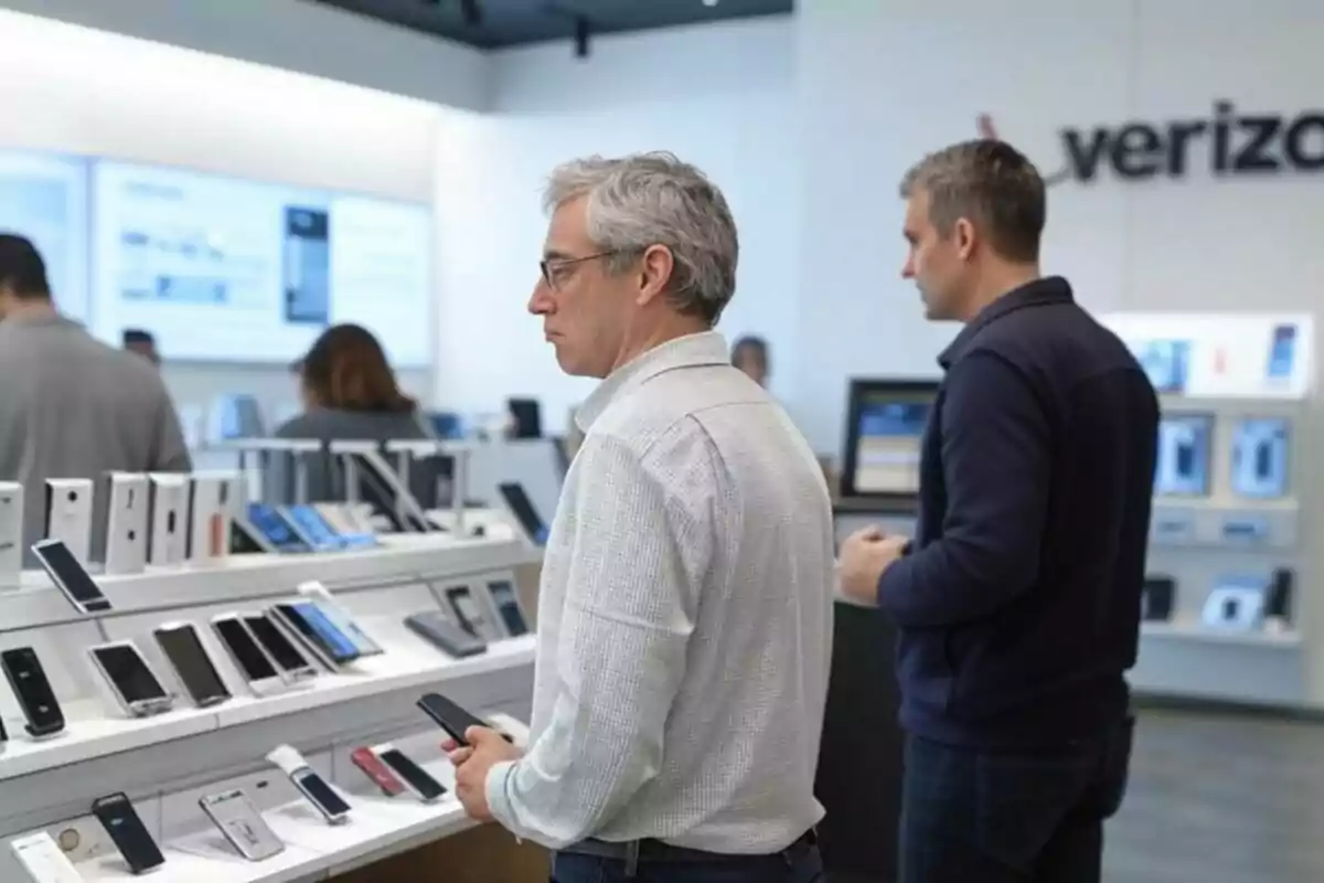 Personas observando teléfonos móviles en una tienda de tecnología. Personas observando teléfonos móviles en una tienda de tecnología.