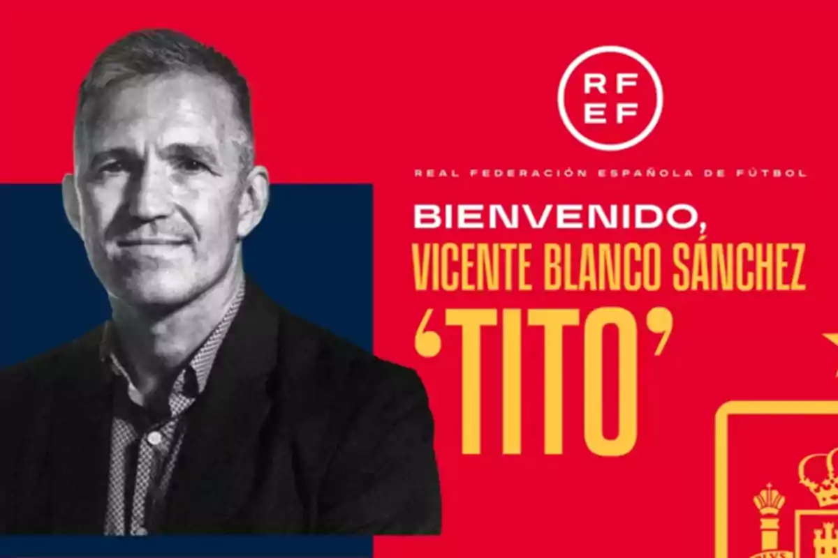 Imagen de bienvenida de la Real Federación Española de Fútbol a Vicente Blanco Sánchez, conocido como 'Tito', con fondo rojo y azul.