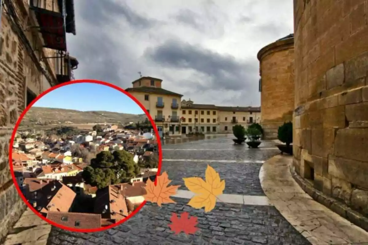 Una plaza empedrada con edificios históricos y un cielo nublado, con un recuadro que muestra una vista aérea de un pueblo con techos de tejas y un paisaje montañoso al fondo, adornado con hojas otoñales.