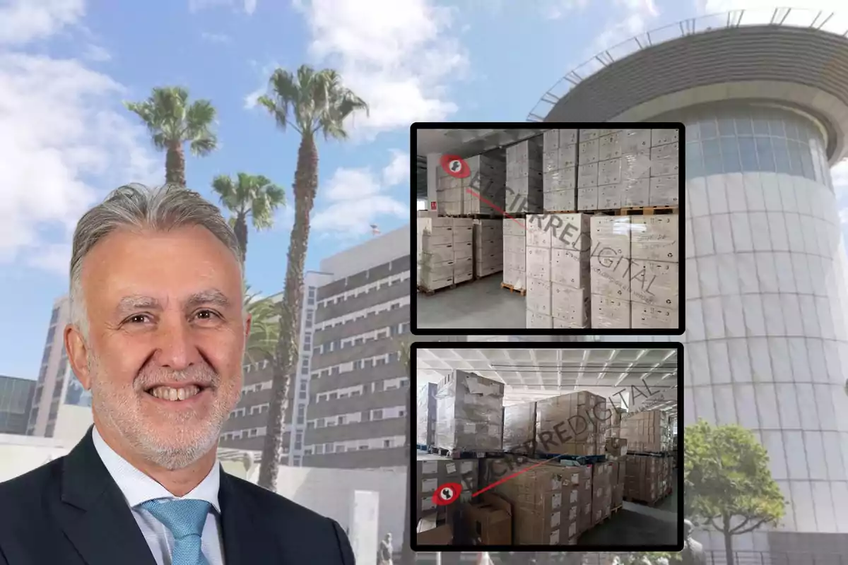 Hombre de traje sonriente frente a un edificio con palmeras y dos imágenes insertadas de un almacén con cajas apiladas.