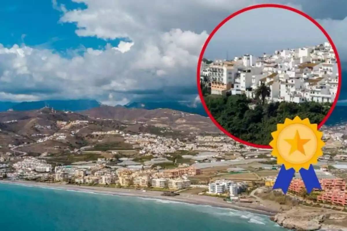 Vista panorámica de una ciudad costera con un recuadro que destaca un área específica de edificios blancos en una colina.