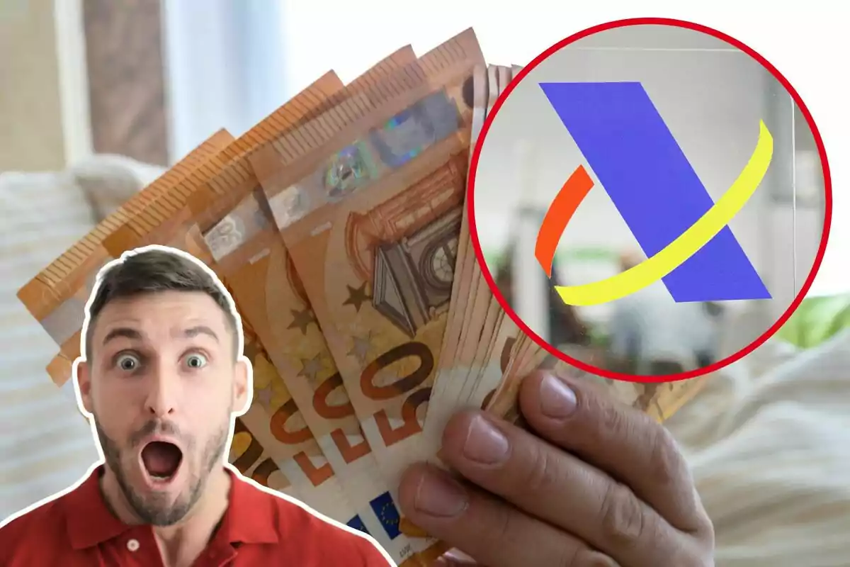 Un hombre sorprendido con billetes de euro en la mano y un logotipo en un círculo rojo.