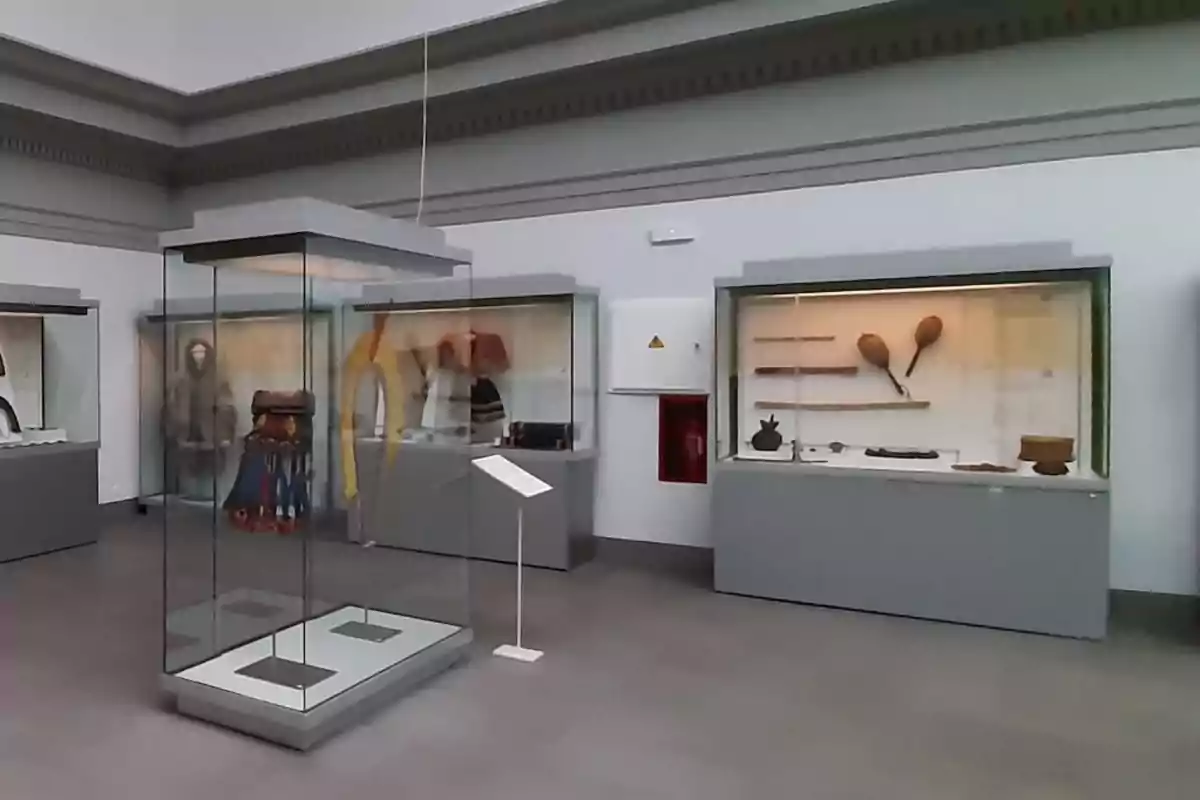 Exhibición de artefactos culturales en un museo con vitrinas que muestran objetos tradicionales y herramientas. Exhibición de artefactos culturales en un museo con vitrinas que muestran objetos tradicionales y herramientas.