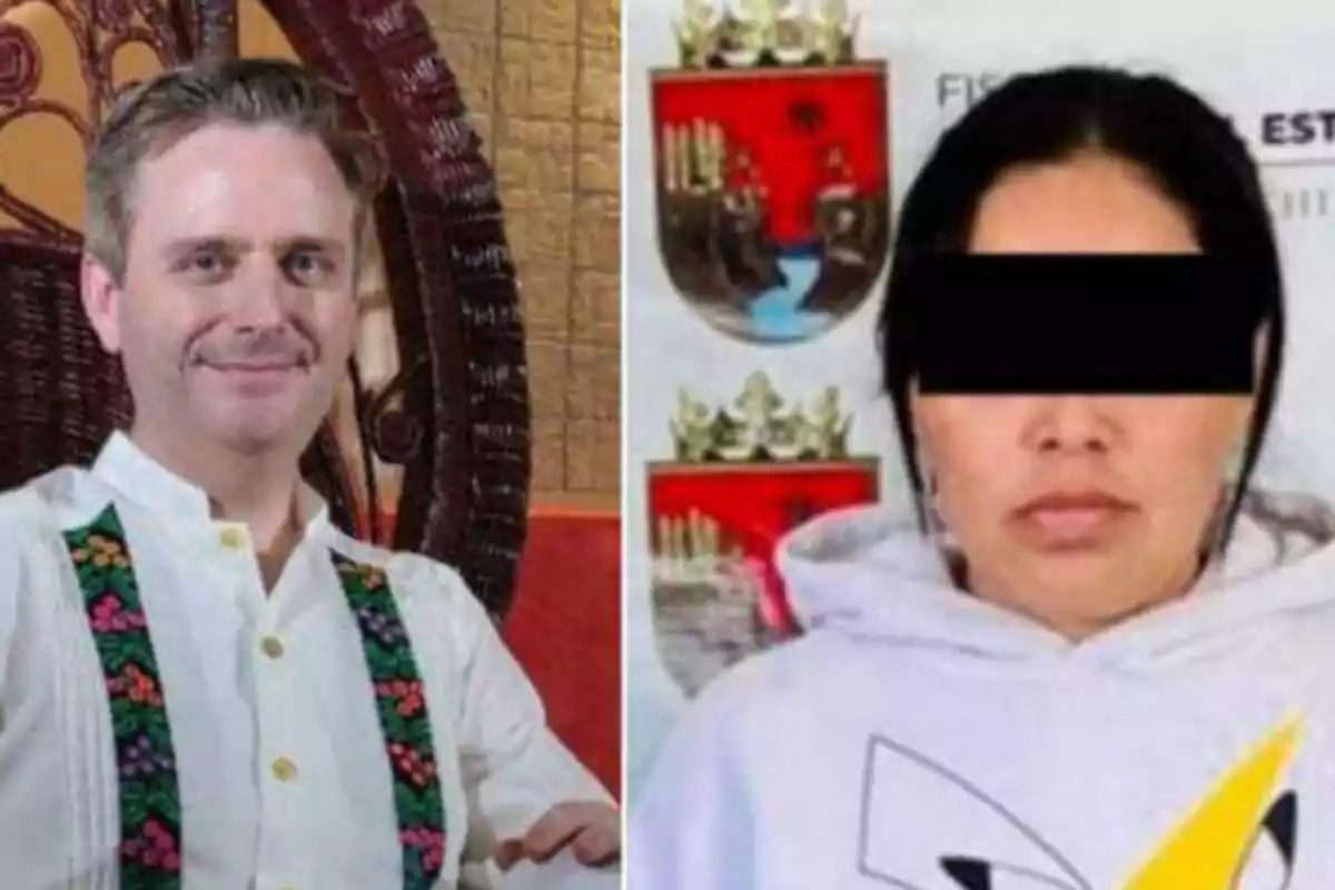 Un hombre con camisa blanca y tirantes coloridos está sentado a la izquierda, mientras que a la derecha hay una mujer con los ojos cubiertos por una franja negra, vestida con una sudadera blanca, frente a un fondo con escudos rojos.