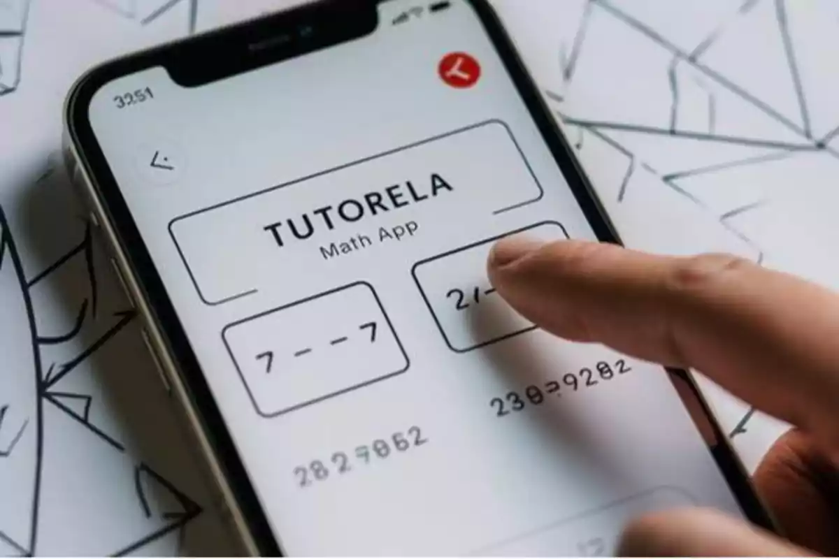 Una persona usando una aplicación de matemáticas llamada "Tutorela" en un teléfono móvil.