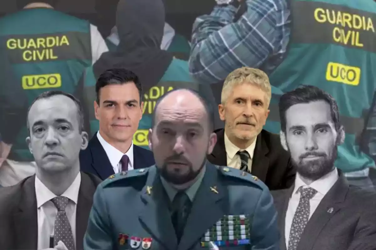 Varios hombres, algunos en uniforme de la Guardia Civil y otros con traje, aparecen superpuestos frente a un fondo donde se ven agentes de la Guardia Civil con chalecos verdes y la palabra UCO