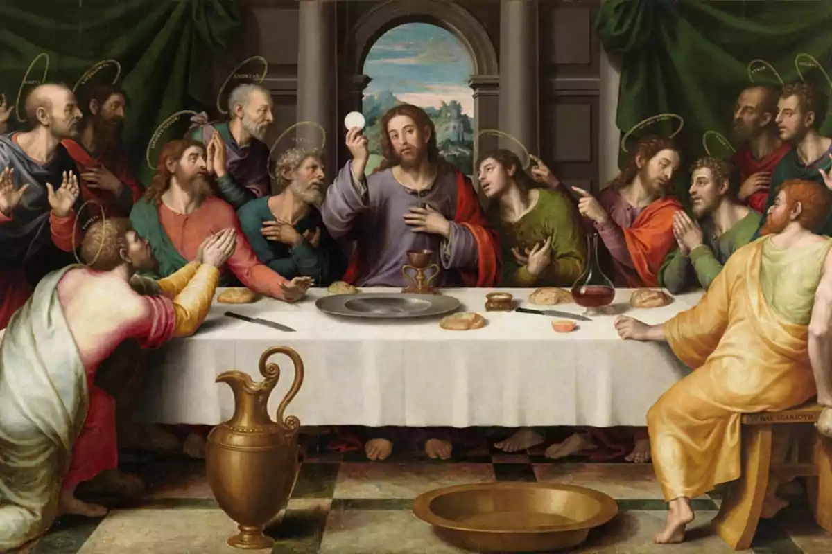 Pintura de la Última Cena con Jesús y sus discípulos sentados alrededor de una mesa, con un fondo arquitectónico y un paisaje visible a través de una ventana.