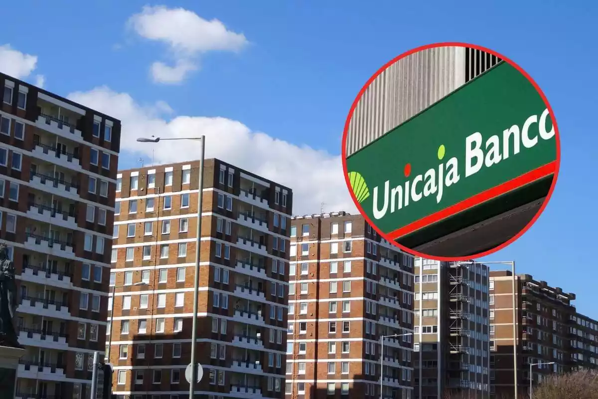 Montaje con bloques de viviendas y el logo de Unicaja