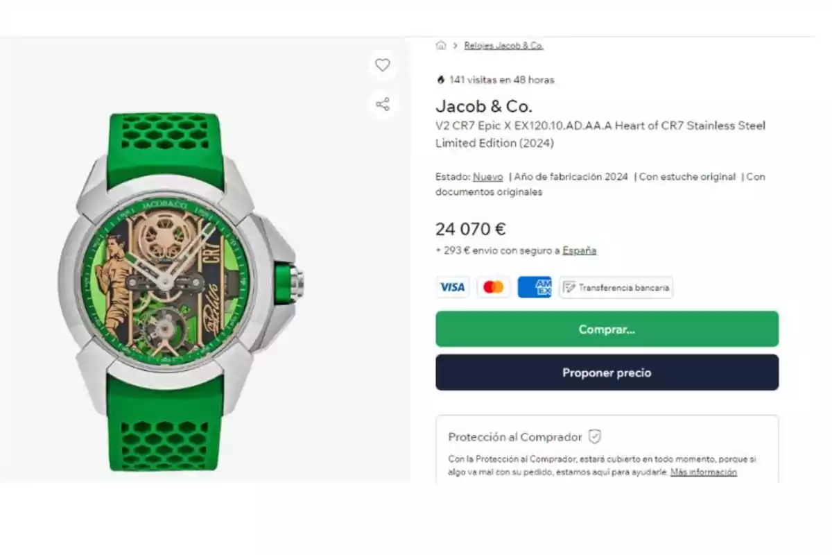 Reloj Jacob & Co. V2 CR7 Epic X edición limitada 2024 con correa verde y detalles dorados, disponible por 24,070 € con opciones de pago y envío a España.