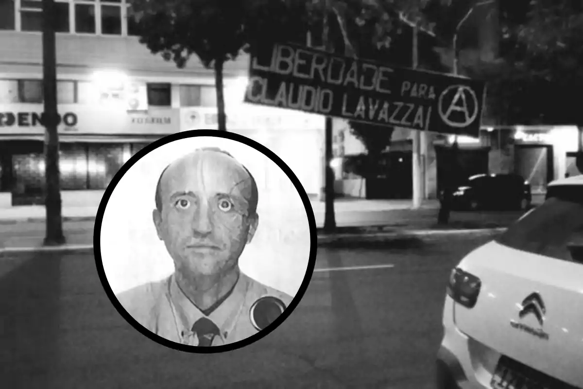 La imagen muestra una calle de noche con un cartel que dice "Liberdade para Claudio Lavazza" y un símbolo anarquista, además de un retrato en blanco y negro de un hombre en un círculo superpuesto.