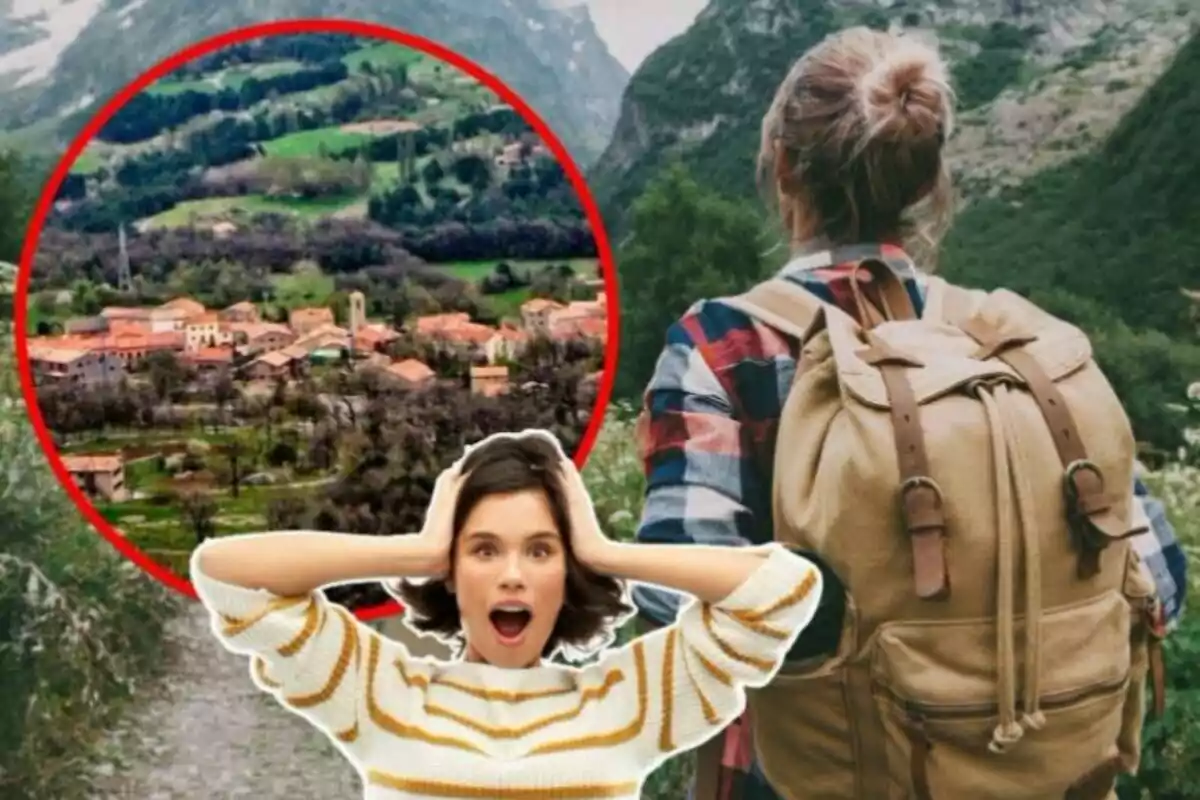 Una mujer con mochila observa un paisaje montañoso mientras otra mujer parece sorprendida con las manos en la cabeza y un círculo rojo resalta un pueblo en el fondo.