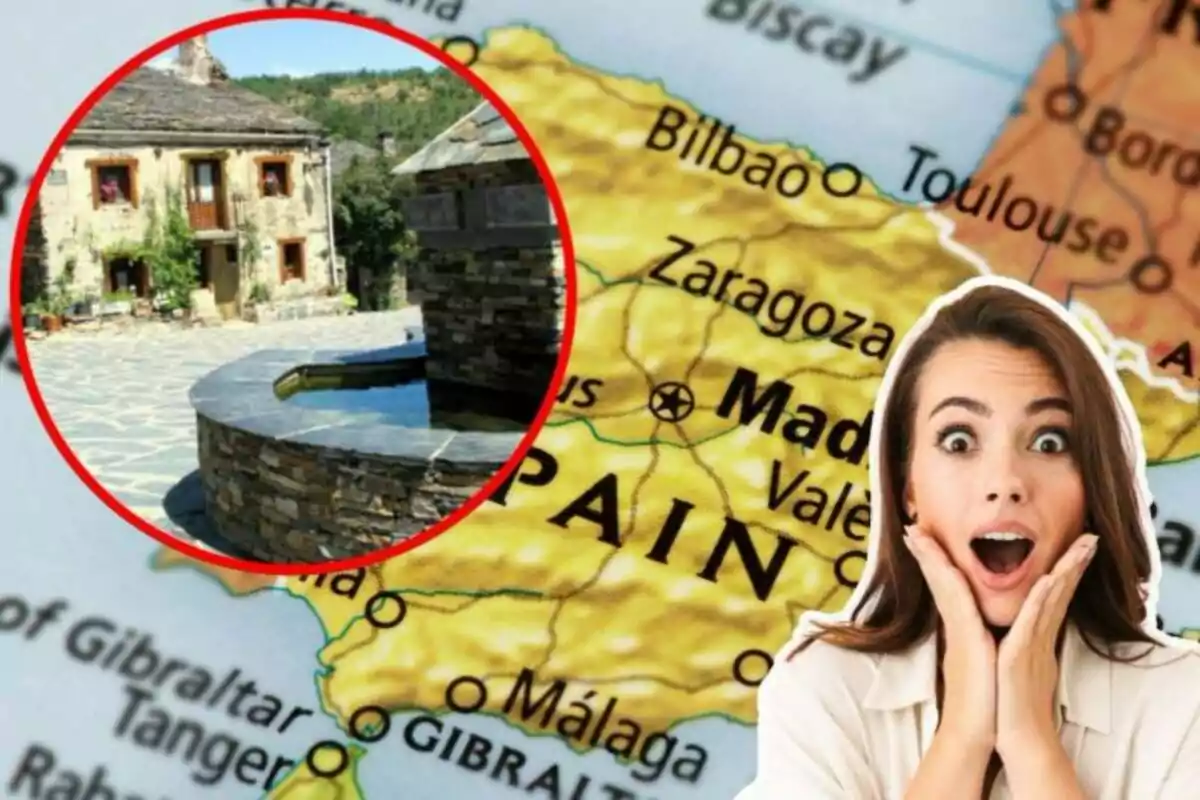 Una mujer con expresión de sorpresa aparece sobre un mapa de España con un círculo rojo que destaca una imagen de una casa de piedra y una fuente.