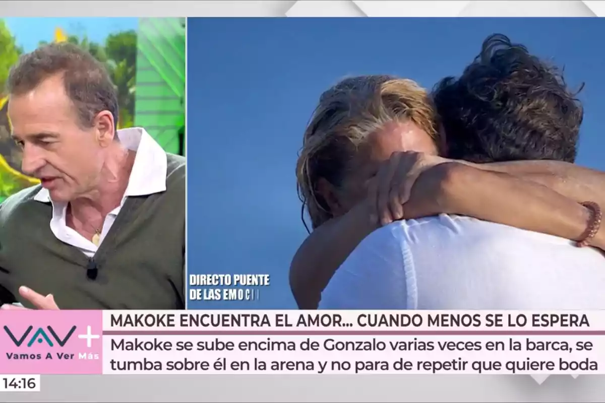 Un programa de televisión muestra a Makoke y Gonzalo abrazándose mientras Alessandro Lequio comenta sobre el amor inesperado. Captura de 'Vamos a Ver' Un programa de televisión muestra a Makoke y Gonzalo abrazándose mientras Alessandro Lequio comenta sobre el amor inesperado. Captura de 'Vamos a Ver'