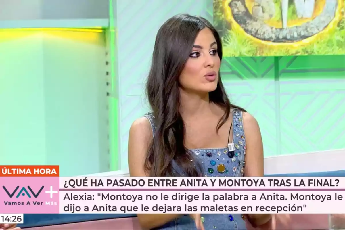 Alexia Rivas participa en un programa de televisión con gráficos en pantalla que muestran información sobre una discusión entre Anita y Montoya. Captura de 'Vamos a Ver' Alexia Rivas participa en un programa de televisión con gráficos en pantalla que muestran información sobre una discusión entre Anita y Montoya. Captura de 'Vamos a Ver'