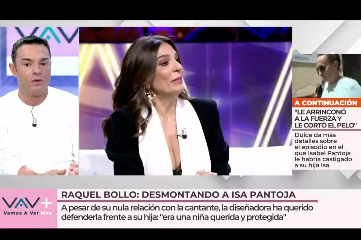 En 'Vamos a Ver', Antonio Rossi y Raquel Bollo están en un set de entrevistas. A la derecha, hay un recuadro con texto que menciona un incidente relacionado con Isabel Pantoja y su hija Isa.