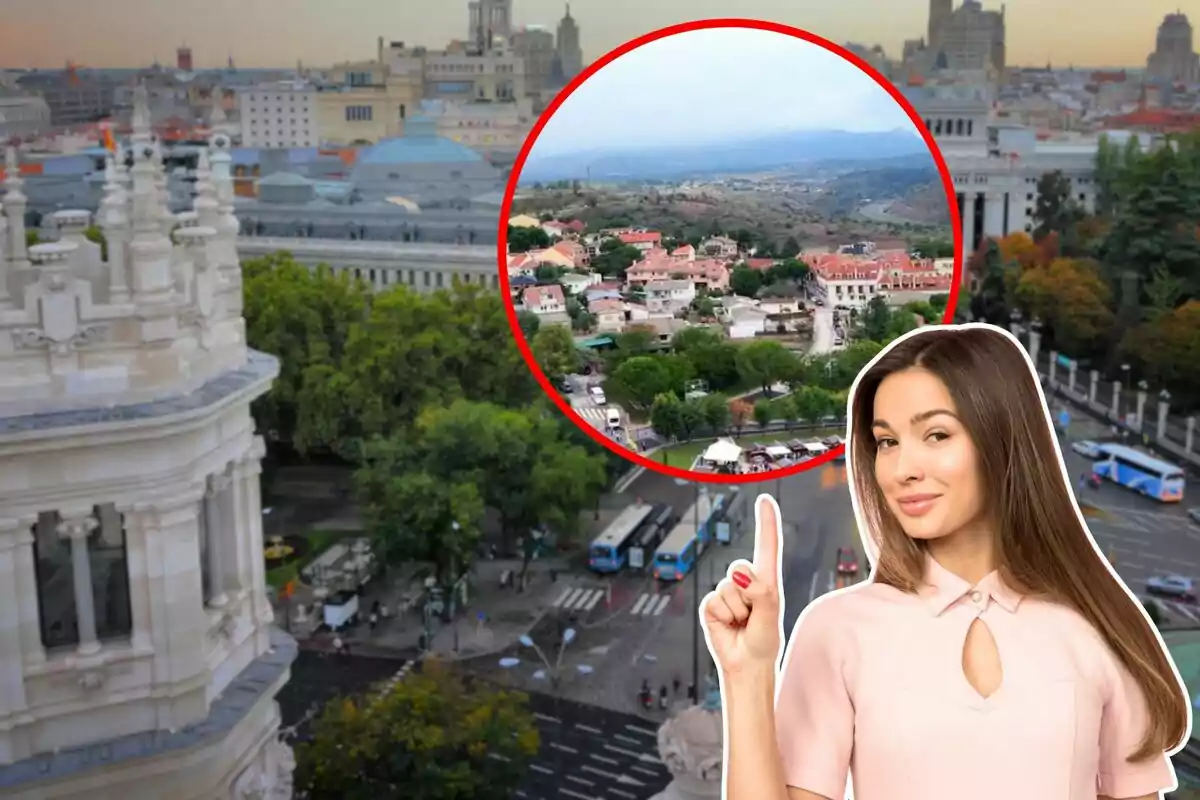 Una mujer señala hacia un recuadro que muestra una vista panorámica de un pueblo rodeado de montañas, mientras que el fondo principal es una ciudad con edificios y árboles.