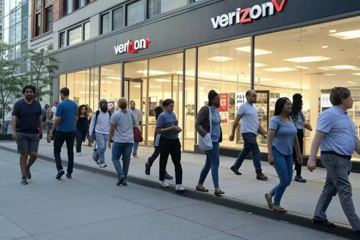Personas caminando por la acera frente a una tienda de Verizon. Personas caminando por la acera frente a una tienda de Verizon.