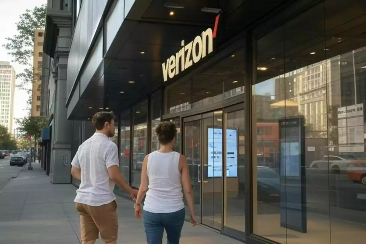 Una pareja caminando hacia la entrada de una tienda de Verizon en una calle de la ciudad. Una pareja caminando hacia la entrada de una tienda de Verizon en una calle de la ciudad.