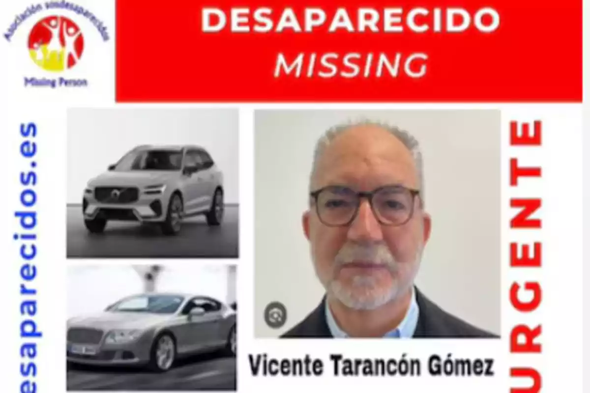 Hombre desaparecido llamado Vicente Tarancón Gómez con imágenes de dos coches y el texto 