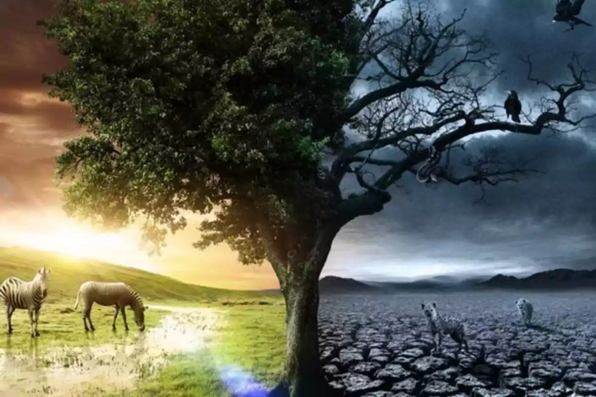 Un árbol divide dos paisajes opuestos uno verde y soleado con cebras y otro seco y oscuro con hienas y aves negras