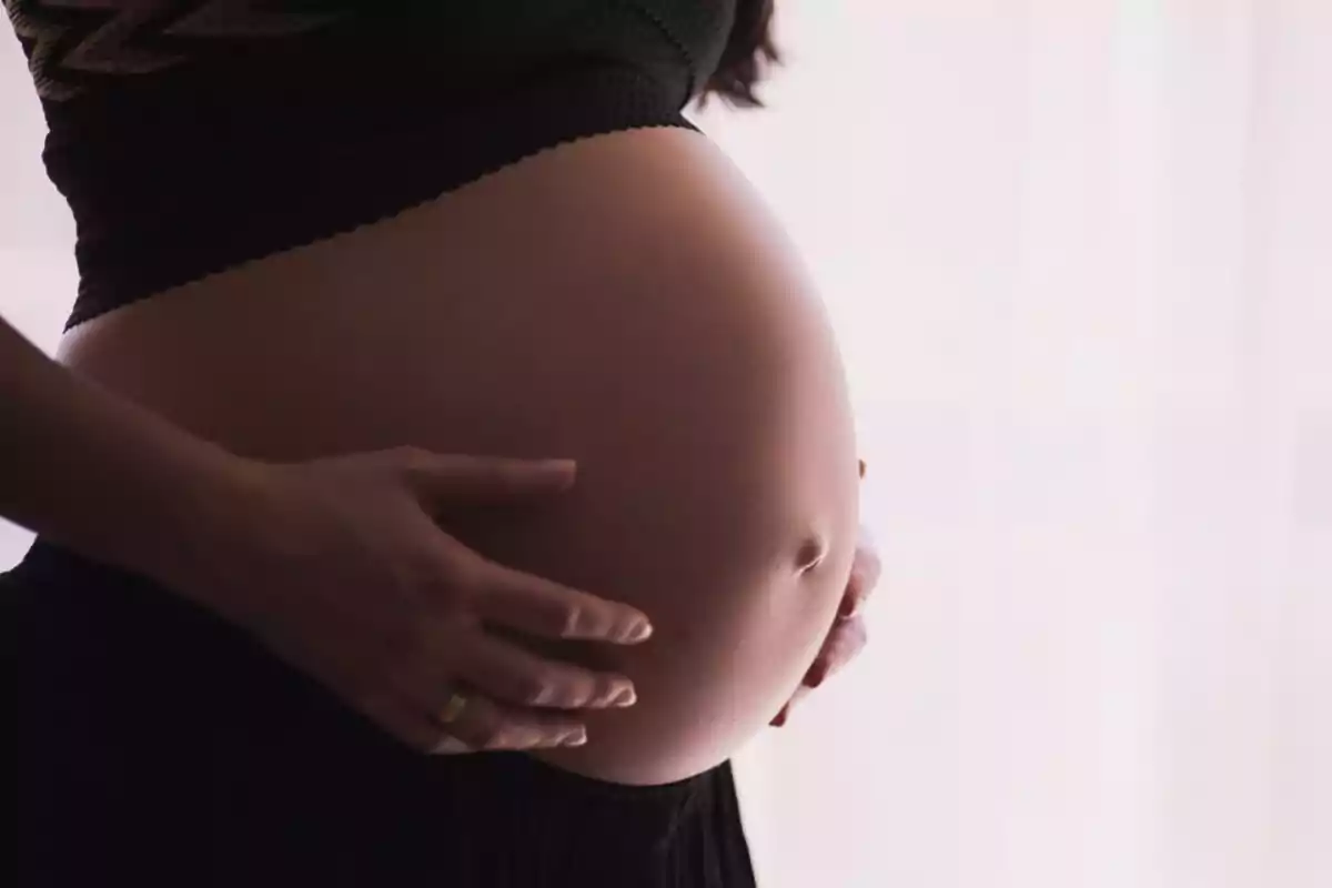 Mujer embarazada sosteniendo su vientre con ambas manos. Mujer embarazada sosteniendo su vientre con ambas manos.