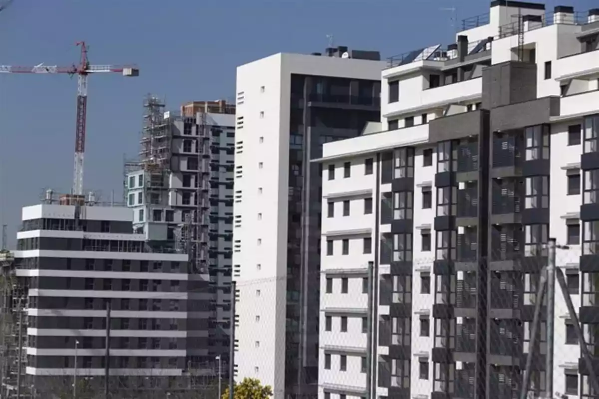 Edificios modernos en construcción con grúas en el fondo bajo un cielo despejado.