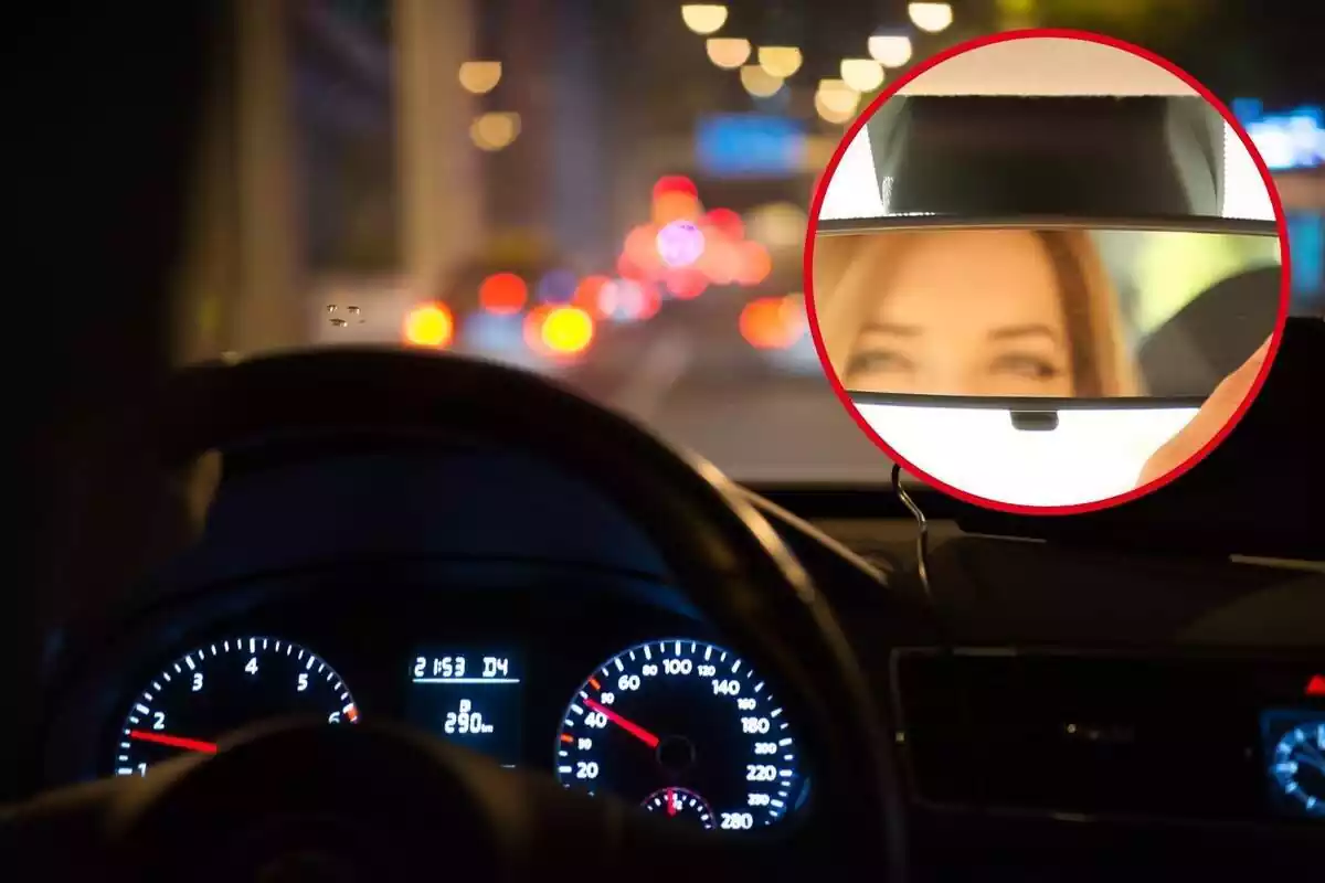 Montaje con un volante de un coche conduciendo de noche y un círculo con una mujer mirando por el retrovisor interior