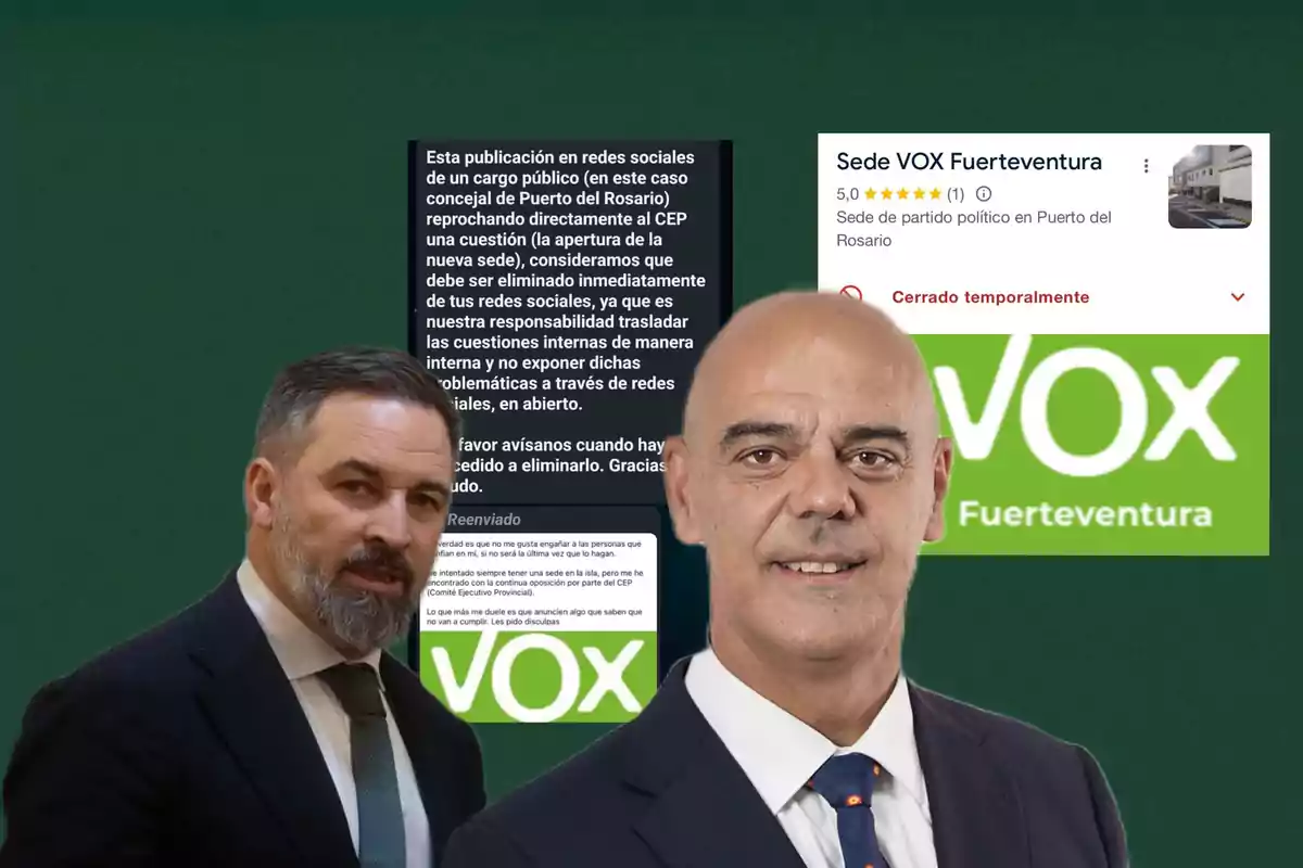 Dos hombres en traje frente a un fondo verde con textos relacionados con la sede de VOX Fuerteventura y un mensaje sobre redes sociales.