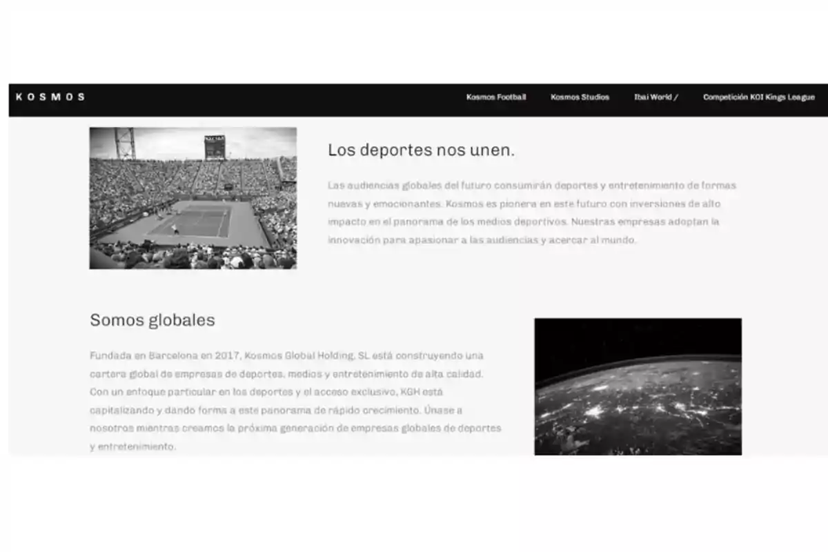 Página web de Kosmos con imágenes de un estadio de tenis y una vista de la Tierra desde el espacio, acompañadas de texto sobre la conexión global a través del deporte y el entretenimiento.