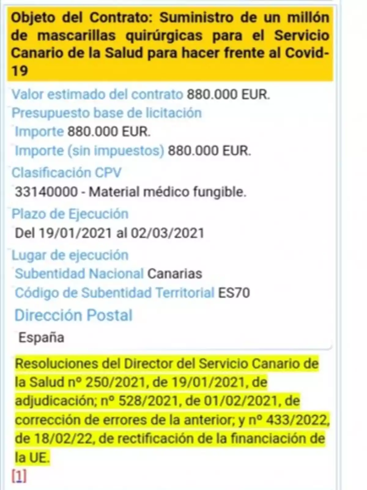 Imagen de un contrato para el suministro de un millón de mascarillas quirúrgicas para el Servicio Canario de la Salud, con un valor estimado de 880.000 EUR, clasificado como material médico fungible, con un plazo de ejecución del 19/01/2021 al 02/03/2021, y resoluciones del Director del Servicio Canario de la Salud.