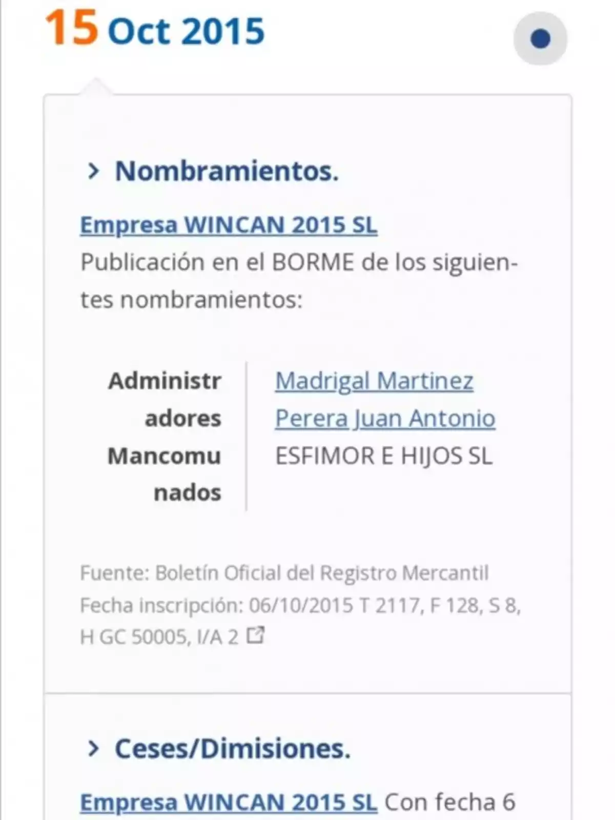 Captura de pantalla de una publicación del 15 de octubre de 2015 en el Boletín Oficial del Registro Mercantil, donde se anuncian nombramientos y ceses/dimisiones de la empresa WINCAN 2015 SL.