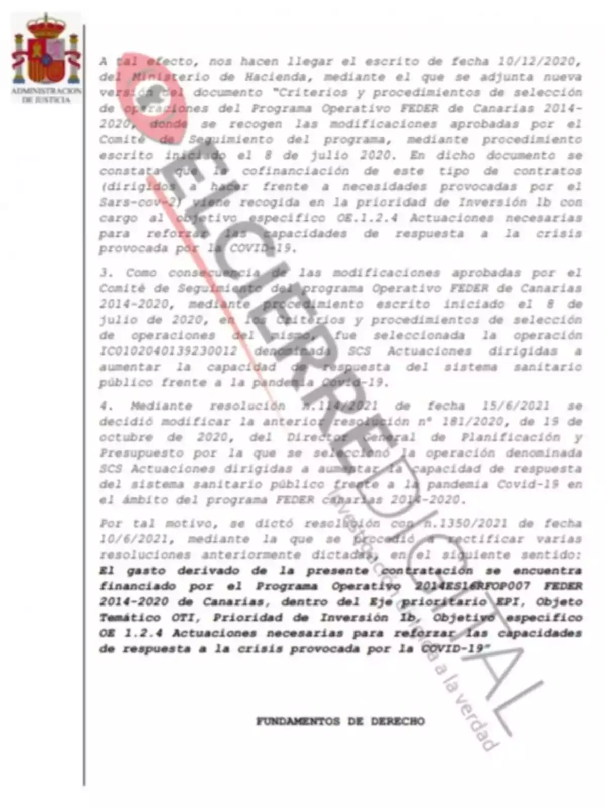 Imagen de un documento oficial de la Administración de Justicia de España, con el escudo en la parte superior izquierda y texto detallando procedimientos y resoluciones relacionados con el Programa Operativo FEDER de Canarias 2014-2020, incluyendo modificaciones y cofinanciación de contratos para hacer frente a la crisis provocada por la COVID-19.