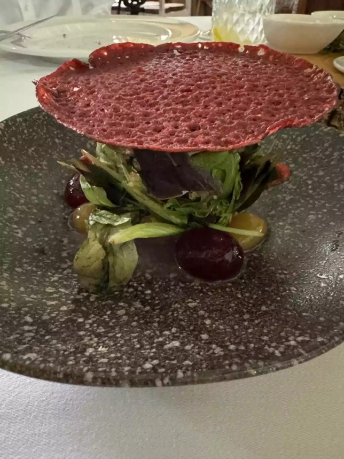 Un plato de ensalada con una oblea roja crujiente encima, servido en un plato oscuro sobre una mesa blanca.