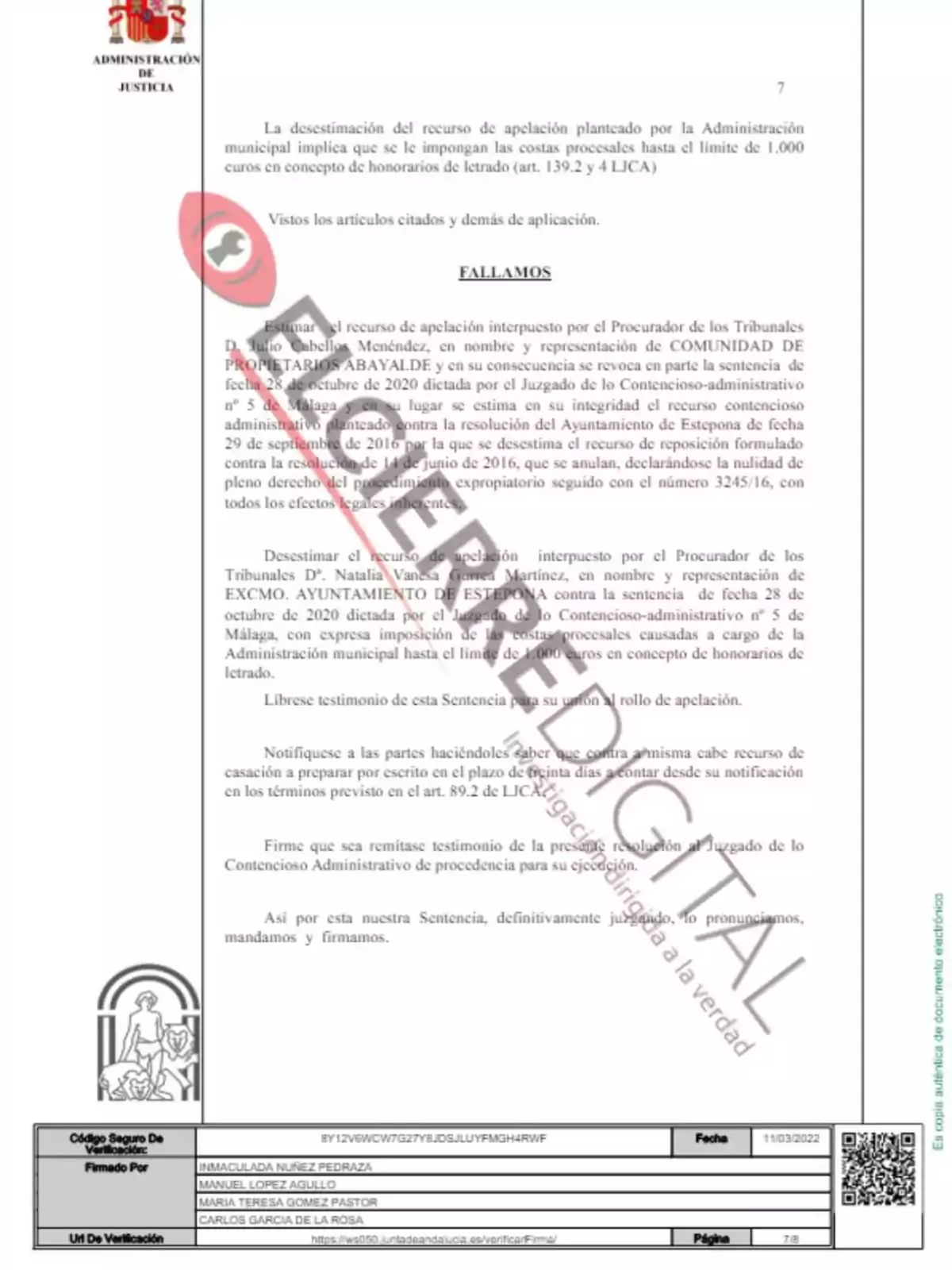 La imagen muestra una página de un documento oficial de la Administración de Justicia de España. En la parte superior izquierda, se encuentra el escudo de España y el título 