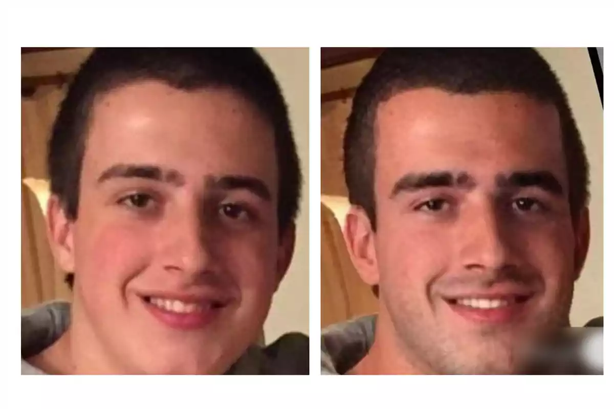 Dos fotos de un hombre joven con cabello corto y sonrisa.