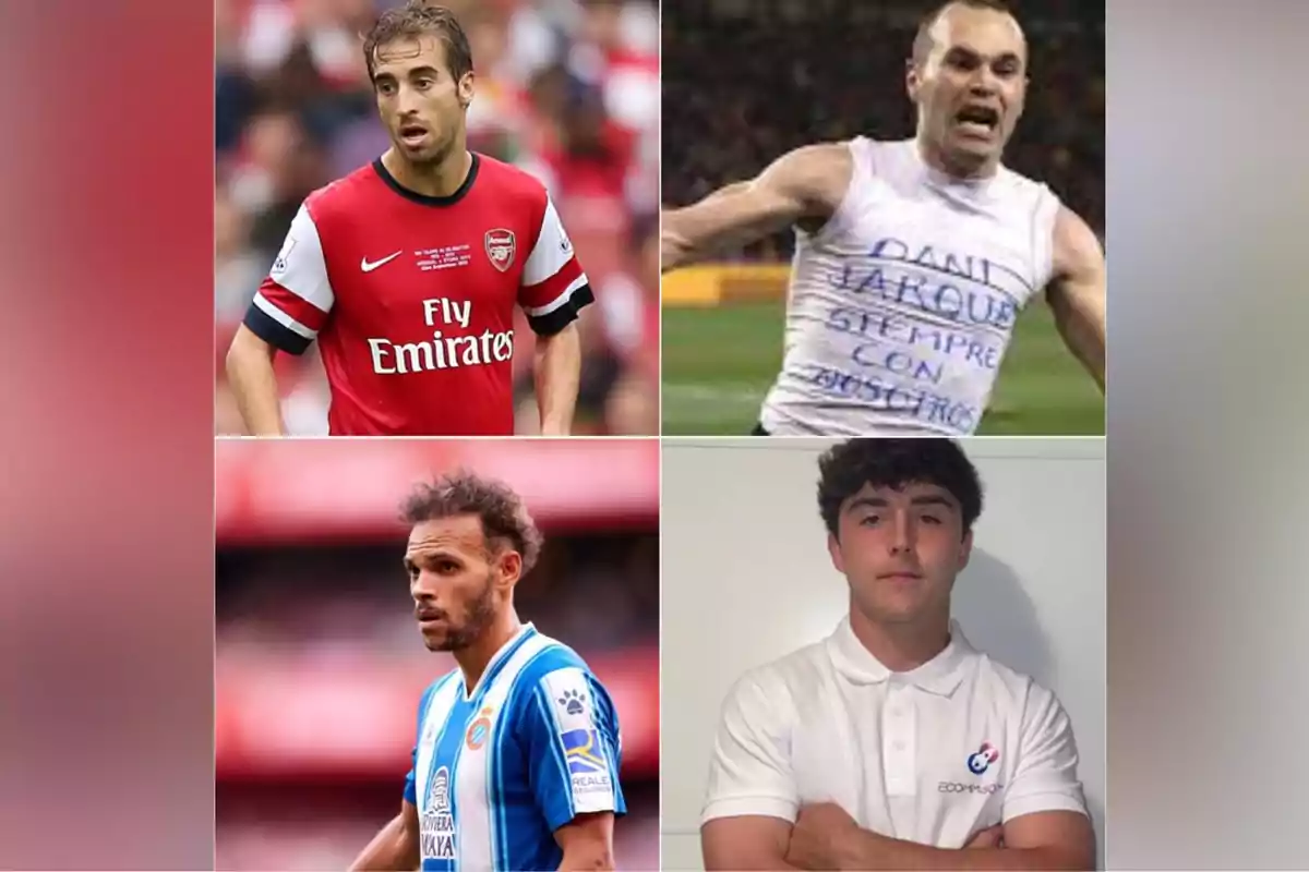 Cuatro hombres posando en diferentes contextos, dos de ellos con camisetas de fútbol y uno con una camiseta blanca con un mensaje escrito.