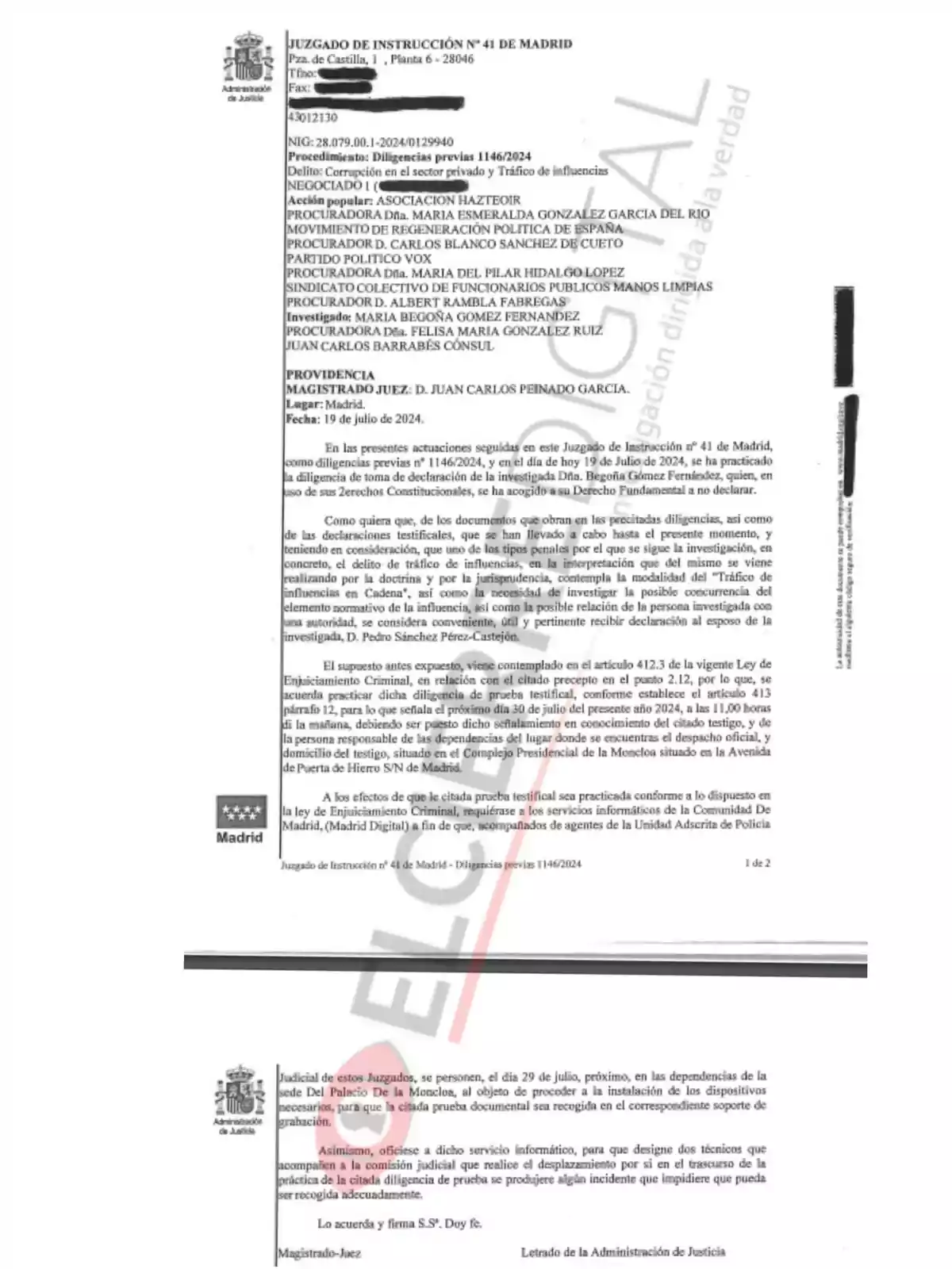 Documento judicial del Juzgado de Instrucción Nº 41 de Madrid, relacionado con un procedimiento de diligencias previas sobre corrupción en el sector privado y tráfico de influencias, fechado el 19 de julio de 2024.