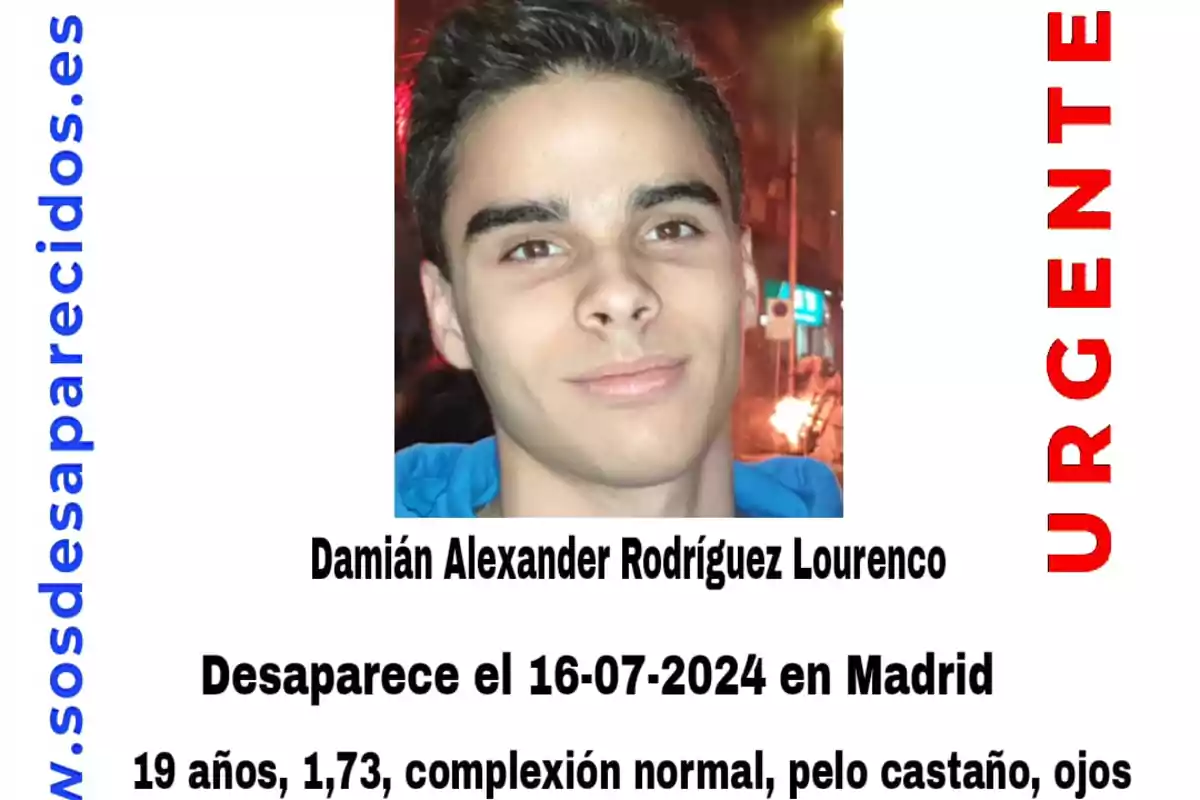 Cartel de persona desaparecida en Madrid, Damián Alexander Rodríguez Lourenco, 19 años, 1.73m, complexión normal, pelo castaño, ojos marrones, desaparecido el 16-07-2024.